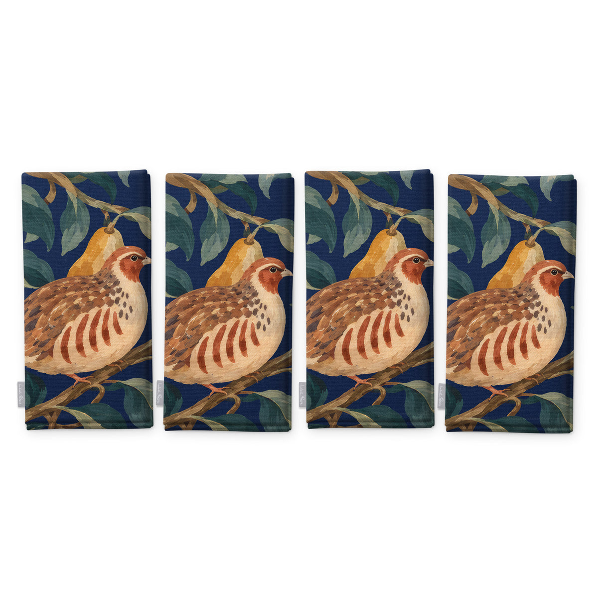 Navy Partridge and Pear Christmas napkins, set of four, folded on white, showing the same partridge among pears