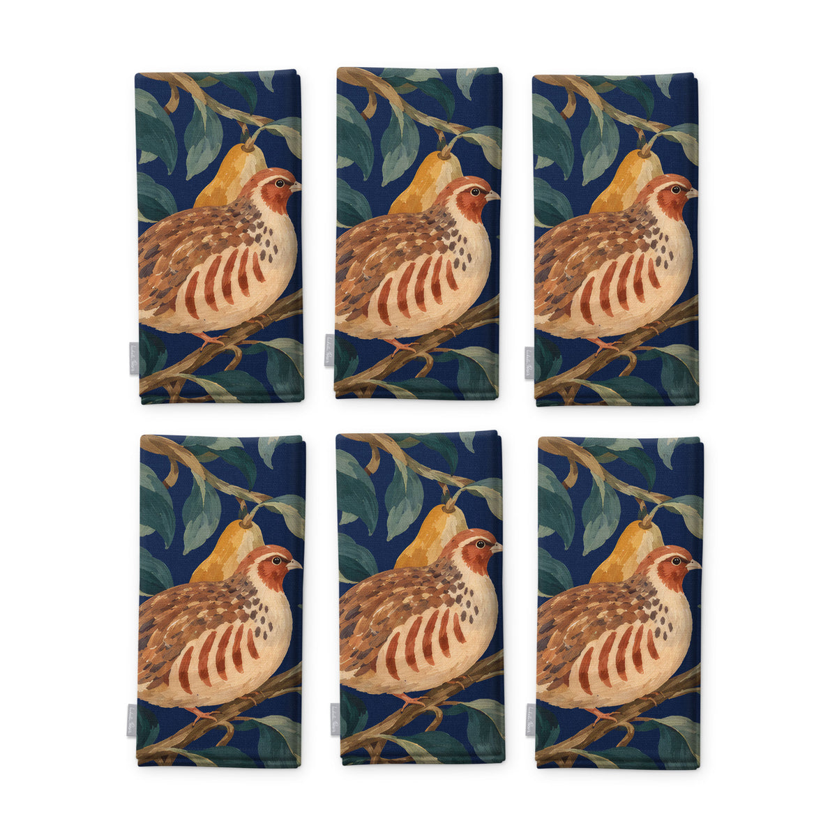 Navy Partridge and Pear Christmas napkins, set of six, folded on white, showing the same partridge among pears