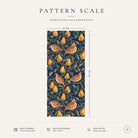 Pattern scale of the Partridge and Pear Christmas table runner in navy across its 44 cm width, with care notes