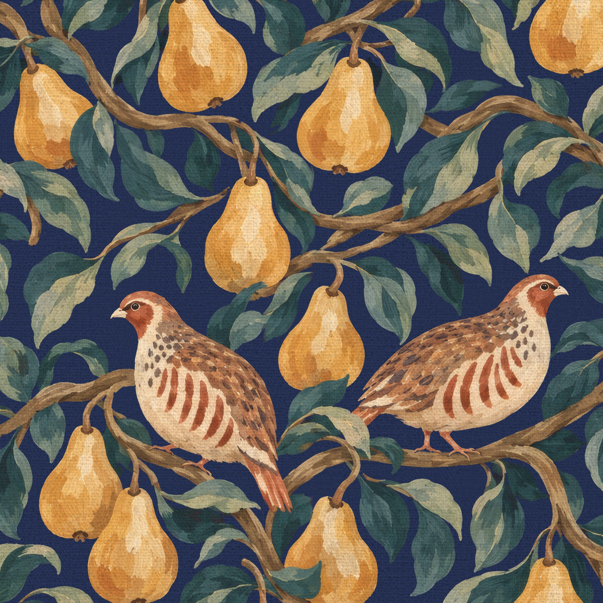 Close-up of the navy Partridge and Pear Christmas table runner print on cotton, showing a partridge among pears and leaves
