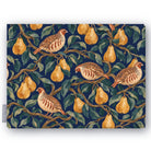 Navy Partridge and Pear Christmas tablecloth folded on white, showing partridges among pears and leaves
