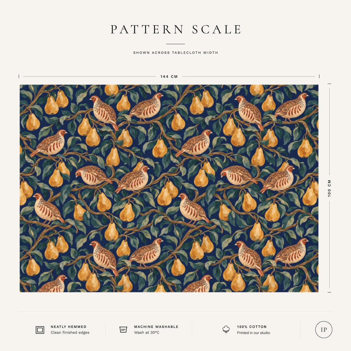 Pattern scale of the Partridge and Pear Christmas tablecloth in navy across its 144 cm width, with care notes