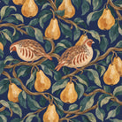 Close-up of the navy Partridge and Pear Christmas tablecloth print on cotton, showing partridges among pears and leaves