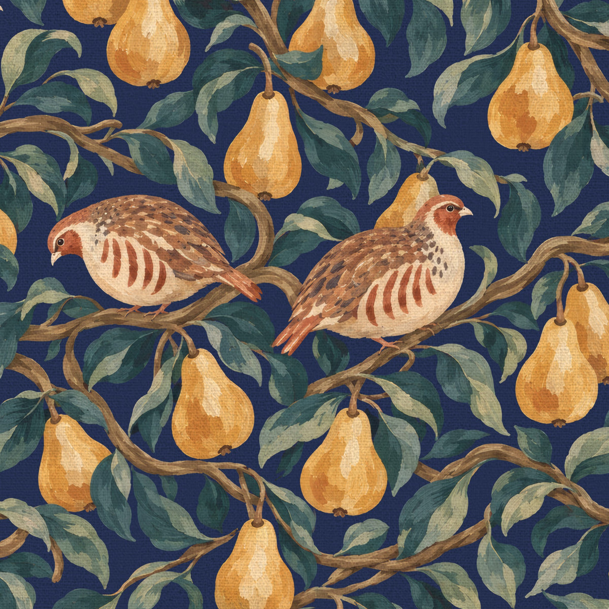 Close-up of the navy Partridge and Pear Christmas tablecloth print on cotton, showing partridges among pears and leaves