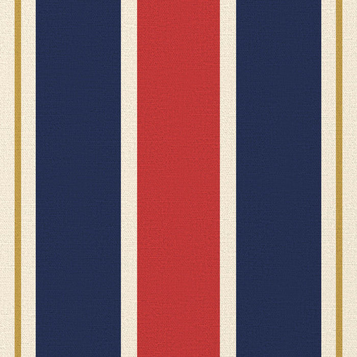 Close-up of the Signature Stripe Christmas napkin print in navy, red and burgundy on cotton, showing broad stripes