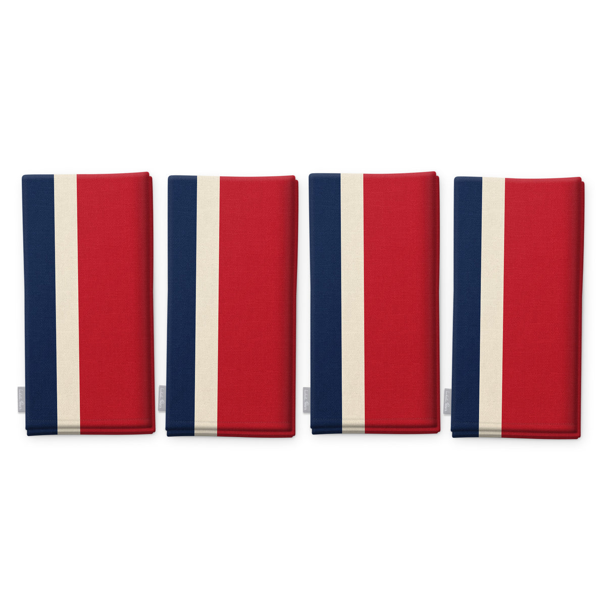 Signature Stripe Christmas napkins in navy, red and burgundy, set of four, folded on white, showing the same broad stripes