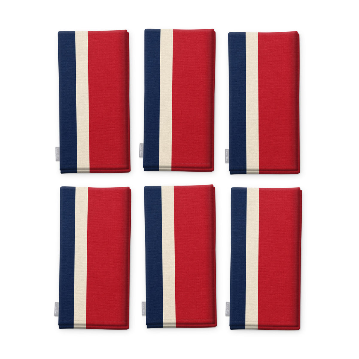 Signature Stripe Christmas napkins in navy, red and burgundy, set of six, folded on white, showing the same broad stripes