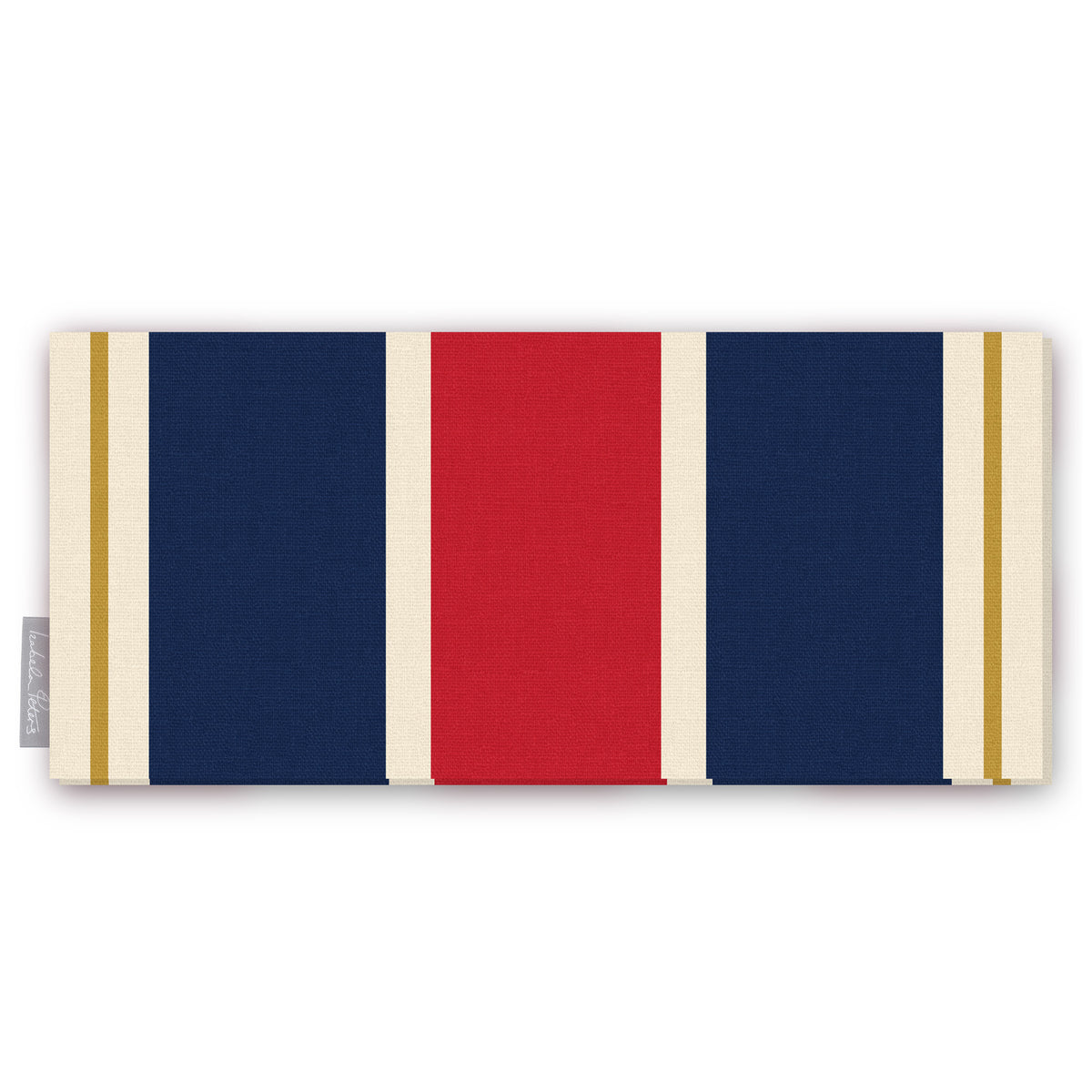 Signature Stripe Christmas table runner in navy, red and burgundy, folded on white, showing broad stripes