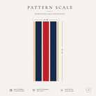Pattern scale of the Signature Stripe table runner in navy, red and burgundy across its 44 cm width, with care notes