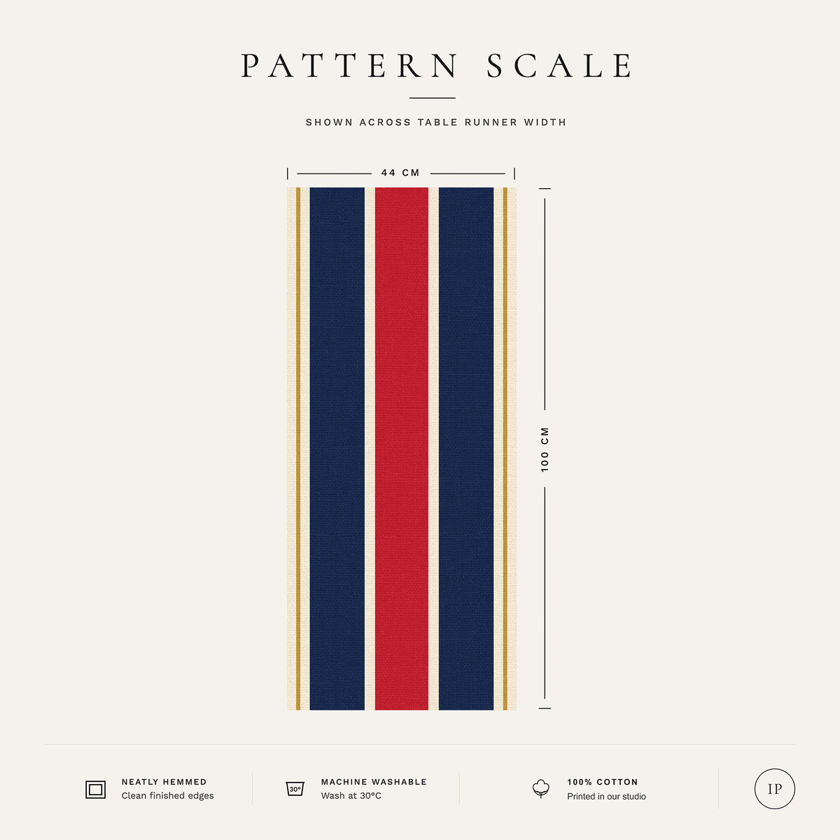 Pattern scale of the Signature Stripe table runner in navy, red and burgundy across its 44 cm width, with care notes