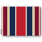 Signature Stripe Christmas tablecloth in navy, red and burgundy, folded on white, showing broad stripes