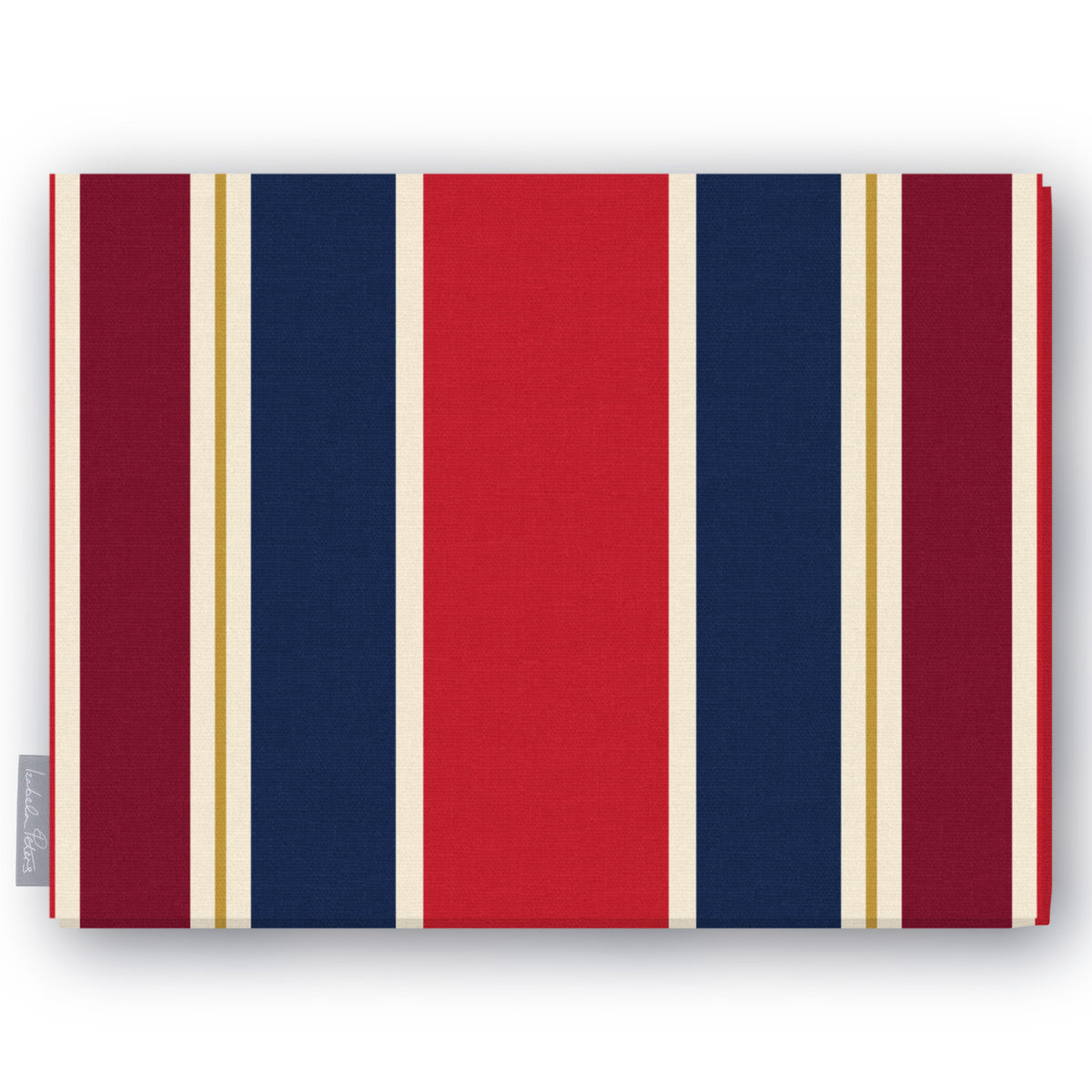 Signature Stripe Christmas tablecloth in navy, red and burgundy, folded on white, showing broad stripes
