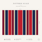 Pattern scale of the Signature Stripe Christmas tablecloth in navy, red and burgundy across its 144 cm width, with care notes