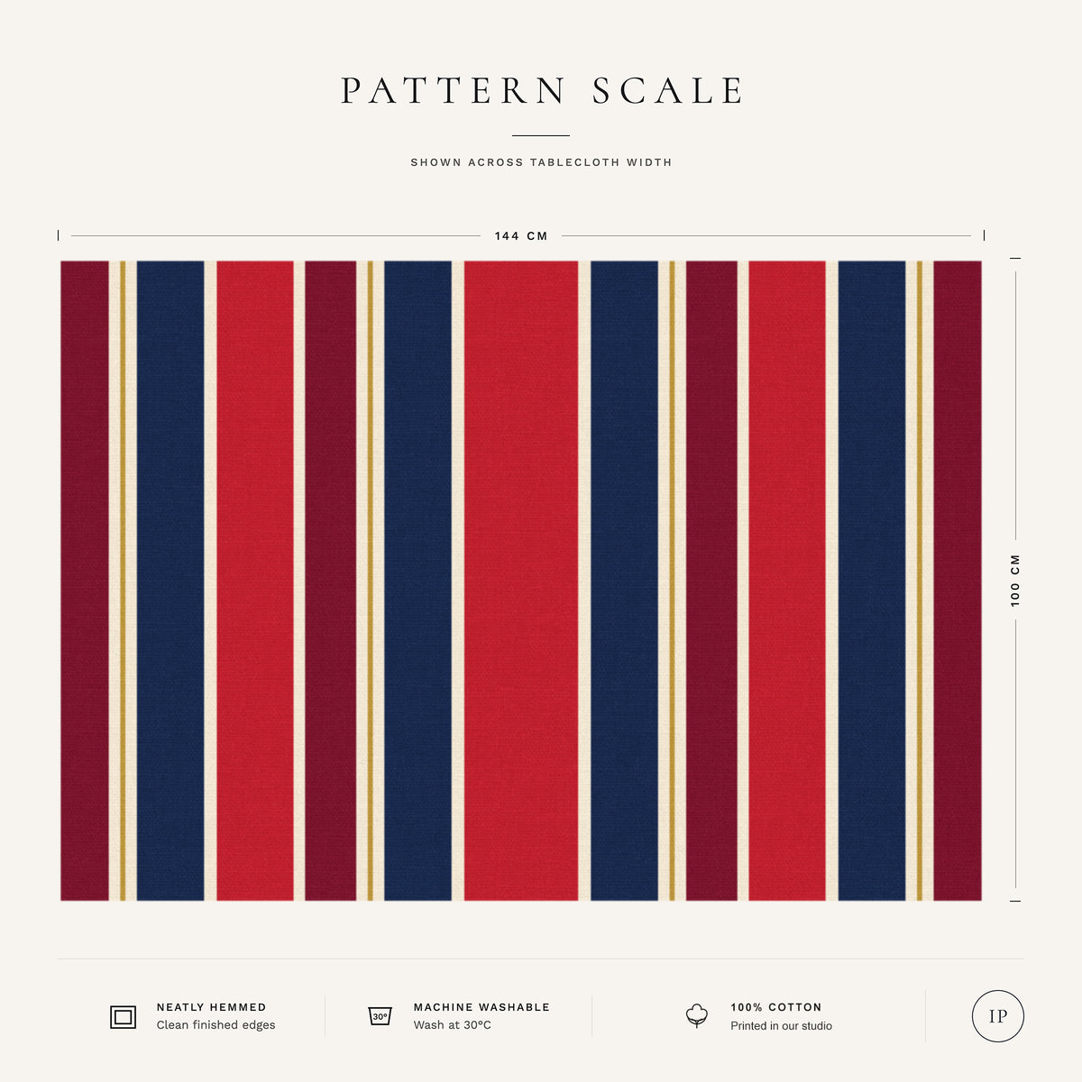 Pattern scale of the Signature Stripe Christmas tablecloth in navy, red and burgundy across its 144 cm width, with care notes