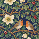 Close-up of the navy Robins and Christmas Roses napkin print on cotton, showing robins, Christmas roses and holly