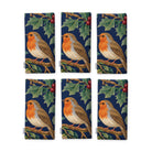 Navy Robins and Christmas Roses Christmas napkins, set of six, folded on white, showing the same robin under a sprig of holly
