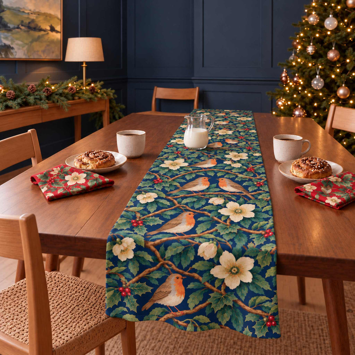 Robins and Christmas Roses Christmas table runner in Navy, styled on a wooden table with a softly draped end in a daylight Christmas room.