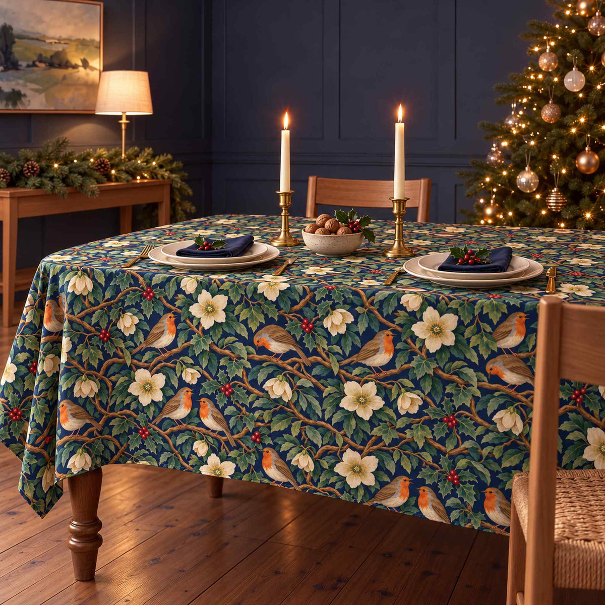 Navy Robins and Christmas Roses Christmas tablecloth draped over a dining table with navy napkins, ivory plates, walnuts and candles in a navy-panelled room.