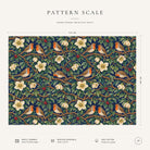 Pattern scale of the Robins and Christmas Roses Christmas tablecloth in navy across its 144 cm width, with care notes