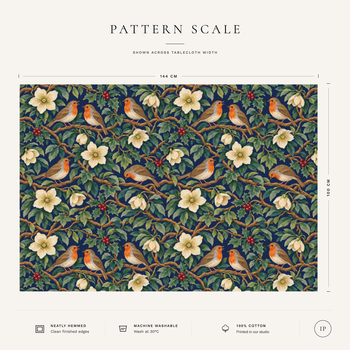 Pattern scale of the Robins and Christmas Roses Christmas tablecloth in navy across its 144 cm width, with care notes