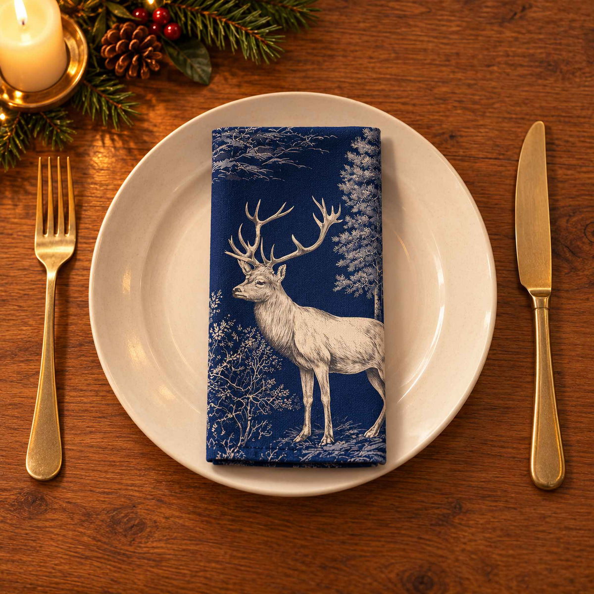 Navy Stag Woodland cotton napkin neatly folded on a dinner plate with cutlery and candlelight on a wooden Christmas table.