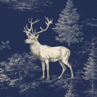 Close-up of the navy Stag Woodland Christmas napkin print on cotton, showing stags among woodland trees