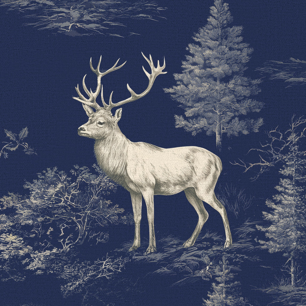 Close-up of the navy Stag Woodland Christmas napkin print on cotton, showing stags among woodland trees