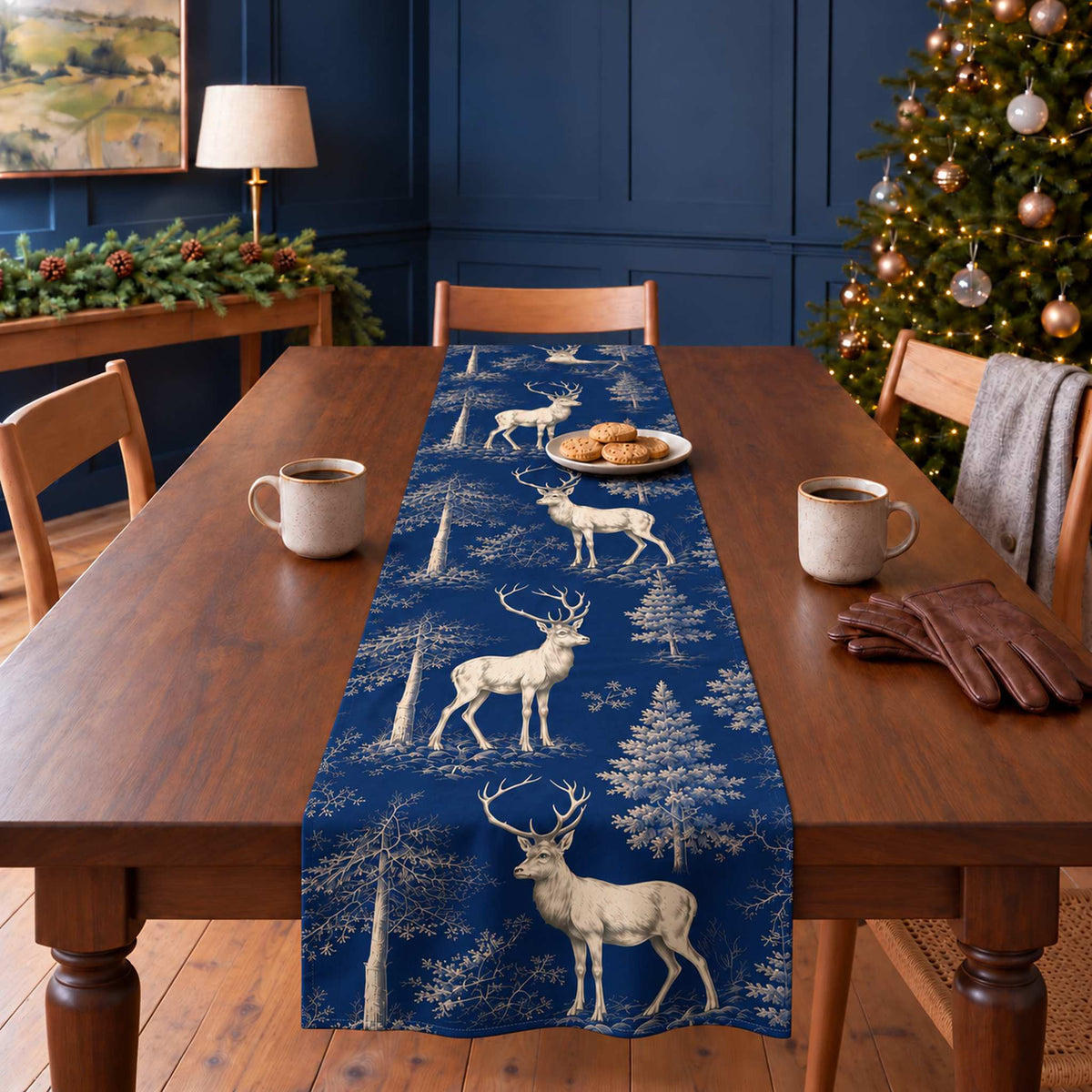 Stag Woodland Christmas table runner in Navy, styled on a wooden table with a softly draped end in a daylight Christmas room.