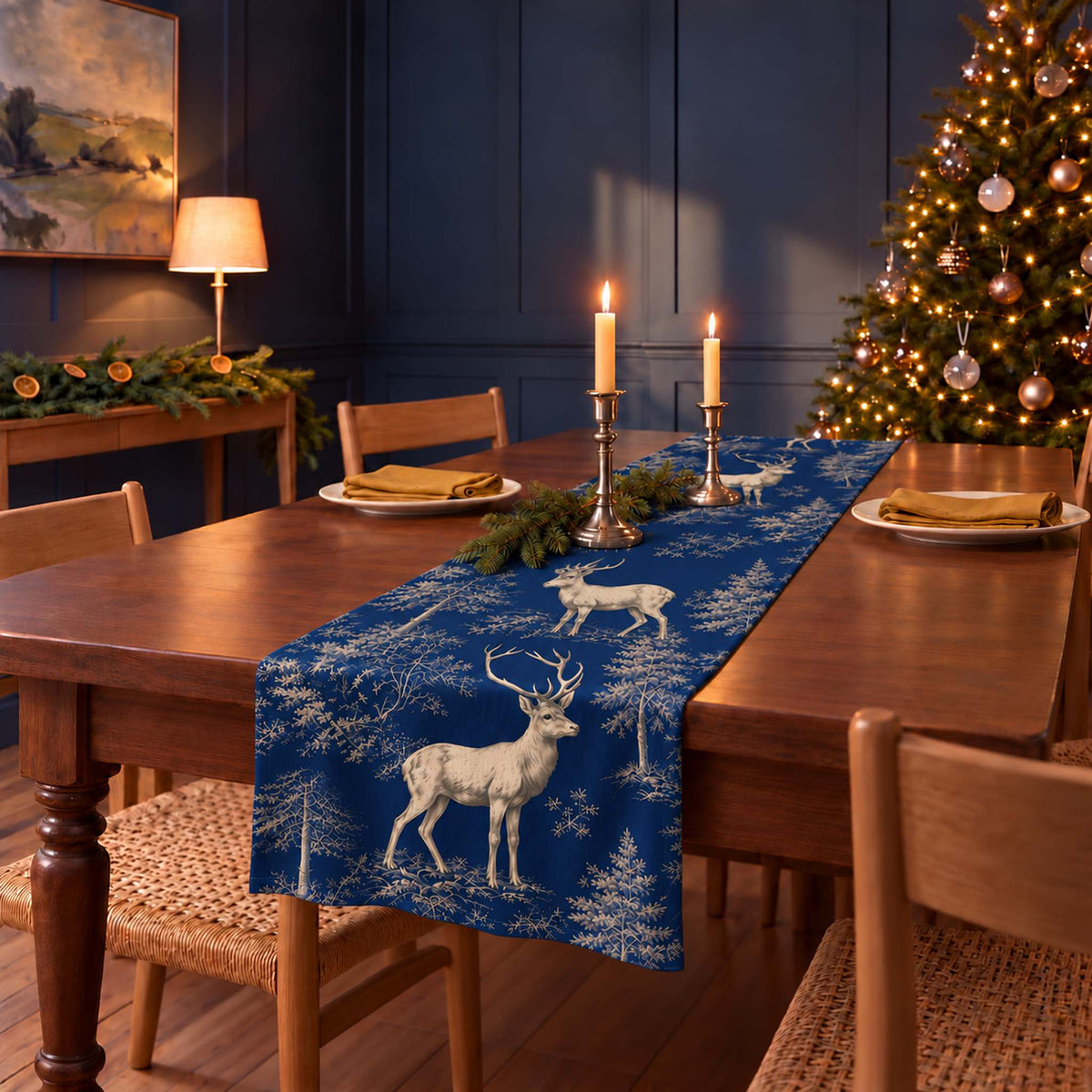 Stag Woodland Christmas table runner in Navy, styled on a wooden table with a softly draped end in a candlelit Christmas room.