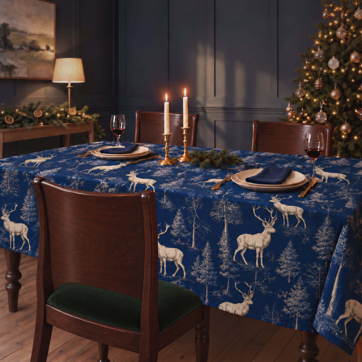 Navy Stag Woodland Christmas tablecloth on a dining table set for dinner, with two glasses of red wine, brass candlesticks and mahogany chairs with green velvet seats in a navy-panelled room.