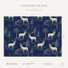 Pattern scale of the navy Stag Woodland Christmas tablecloth across its 144 cm width, with fabric and care notes