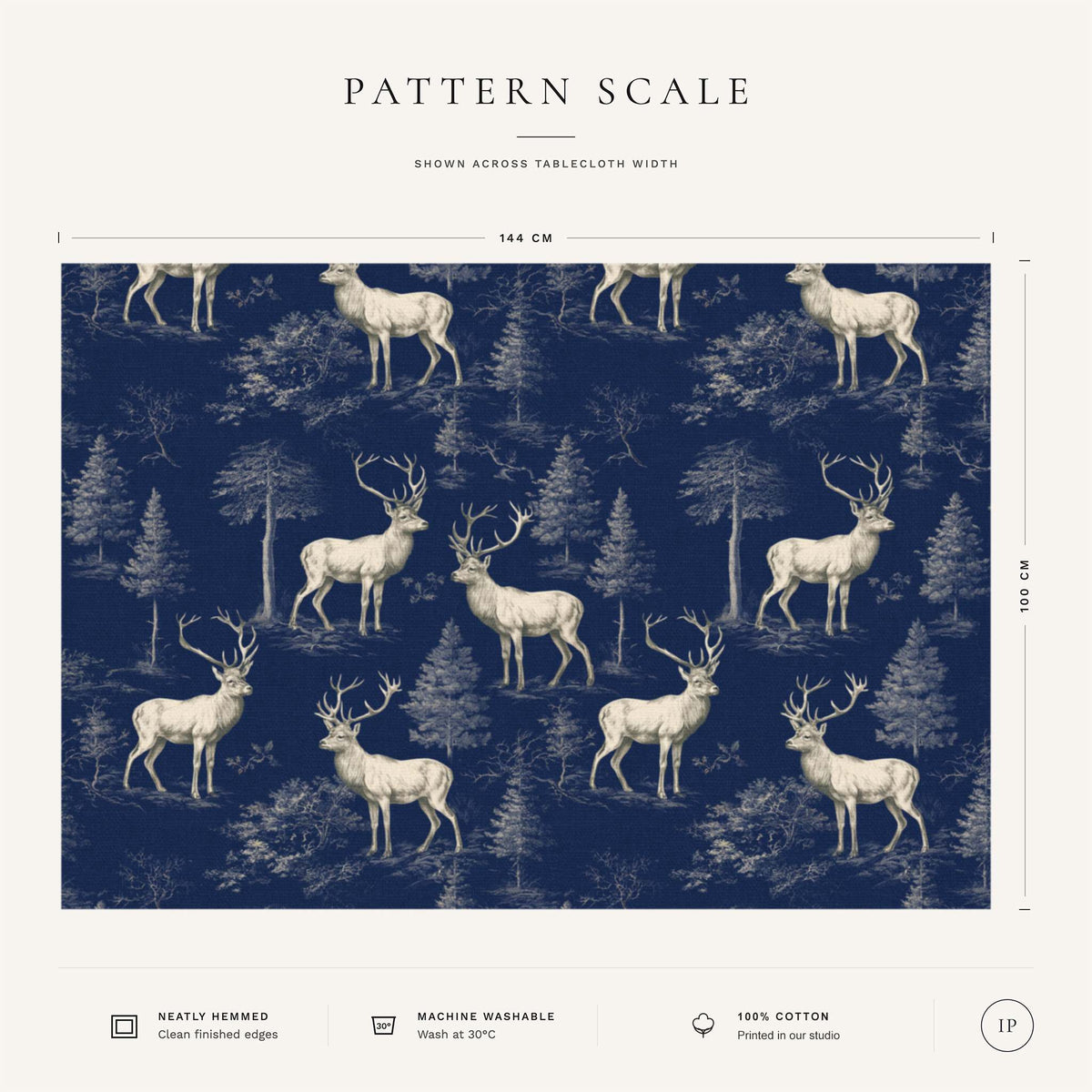 Pattern scale of the navy Stag Woodland Christmas tablecloth across its 144 cm width, with fabric and care notes