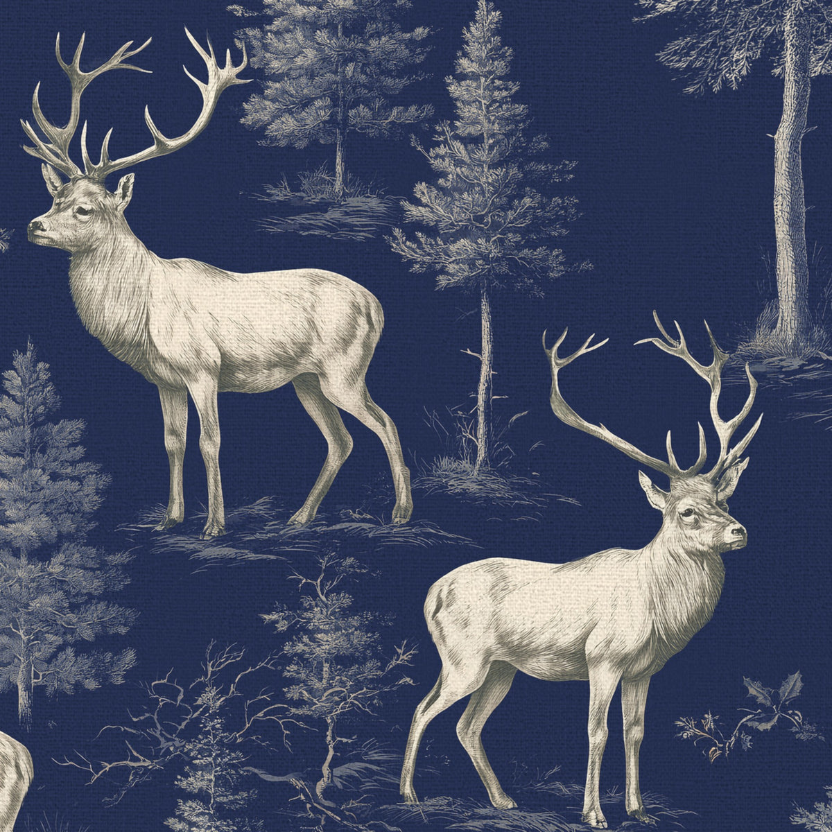 Close-up of the navy Stag Woodland Christmas tablecloth print on cotton, showing stags among woodland trees