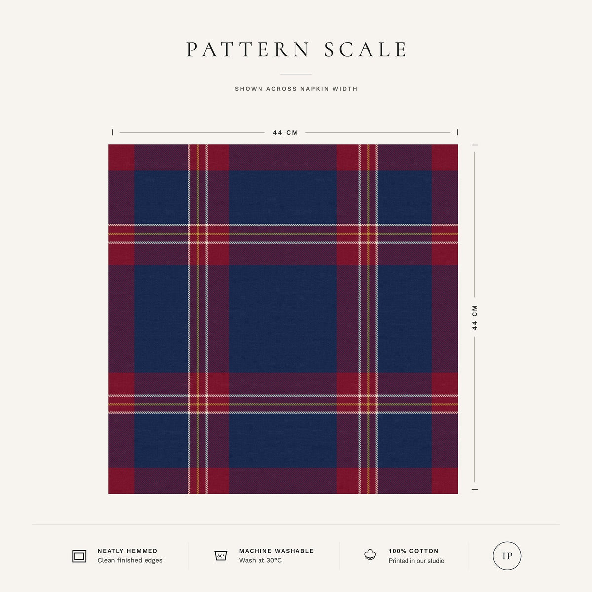 Navy Tartan Christmas napkin pattern scale, showing the full 44 cm by 44 cm design.
