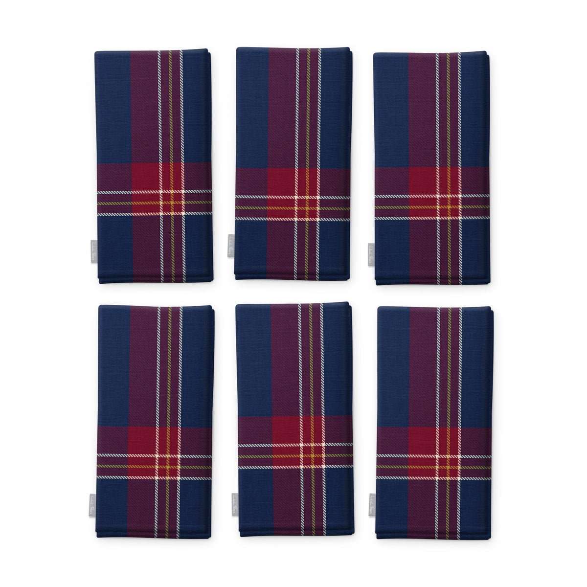Navy Tartan Christmas napkins, set of six, folded on white, showing the same tartan check