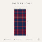 Pattern scale of the Tartan Christmas table runner in navy across its 44 cm width, with care notes