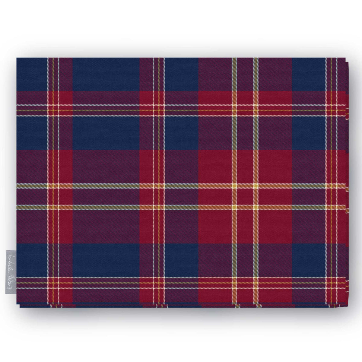 Navy tartan Christmas tablecloth folded on a white background, navy and burgundy with fine ivory and gold lines