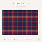 Navy tartan Christmas tablecloth pattern-scale infographic showing the 144 cm width, check design, fabric, hemming and care details