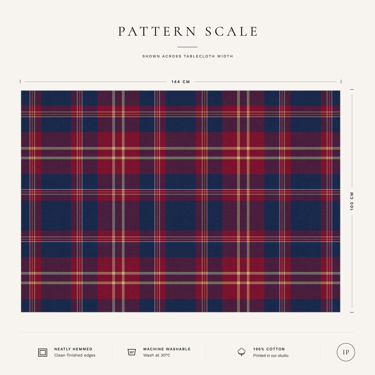 Navy tartan Christmas tablecloth pattern-scale infographic showing the 144 cm width, check design, fabric, hemming and care details