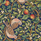 Close-up of the navy Turtle Doves and Mistletoe Christmas table runner print on cotton