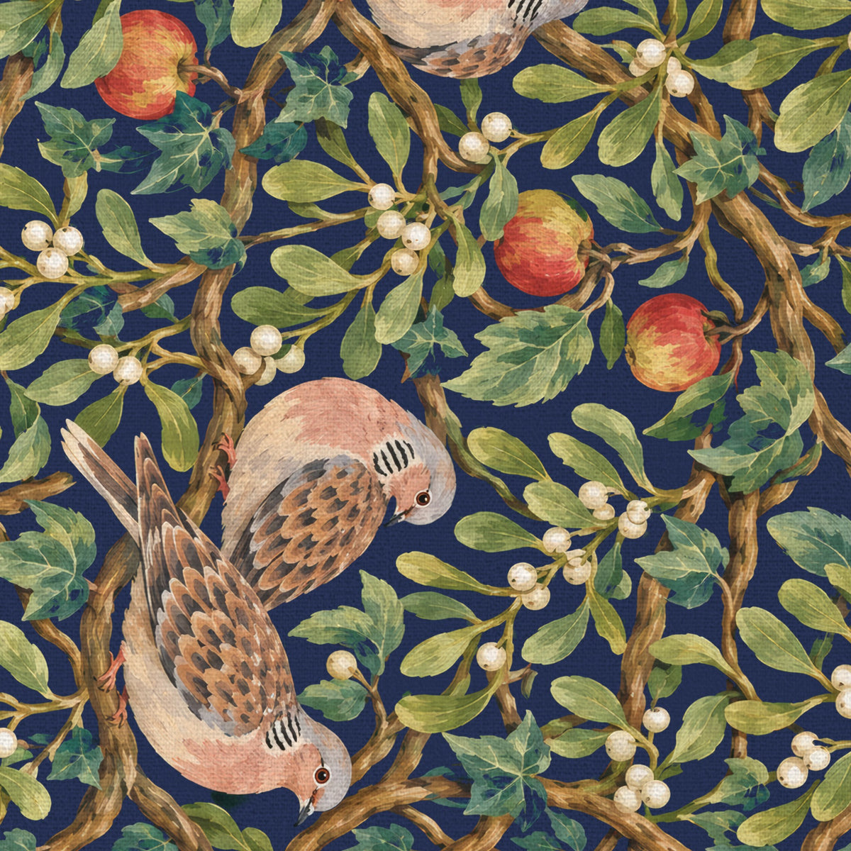 Close-up of the navy Turtle Doves and Mistletoe Christmas table runner print on cotton