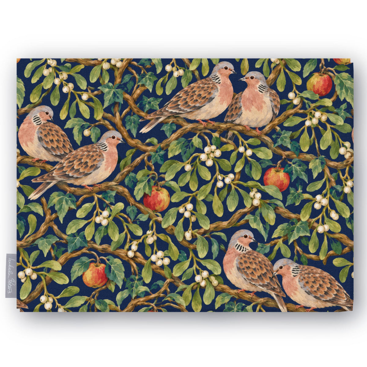 Navy Turtle Doves and Mistletoe Christmas tablecloth folded on white, showing turtle doves among mistletoe and red apples