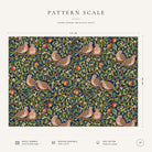 Pattern scale of the Turtle Doves and Mistletoe Christmas tablecloth in navy across its 144 cm width, with care notes