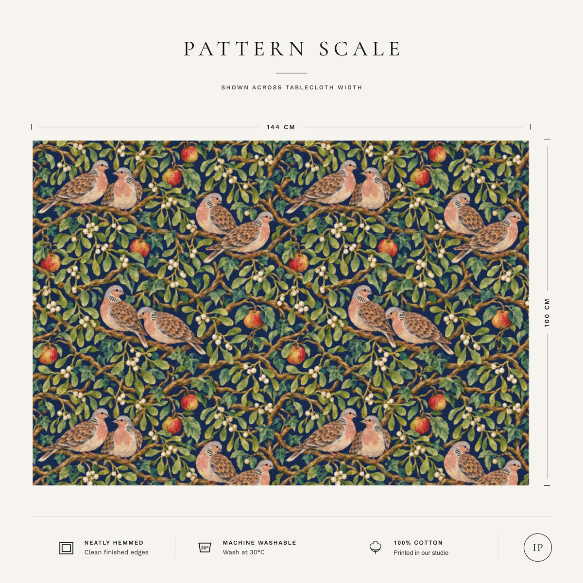 Pattern scale of the Turtle Doves and Mistletoe Christmas tablecloth in navy across its 144 cm width, with care notes