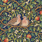 Close-up of the navy Turtle Doves and Mistletoe Christmas tablecloth print on cotton