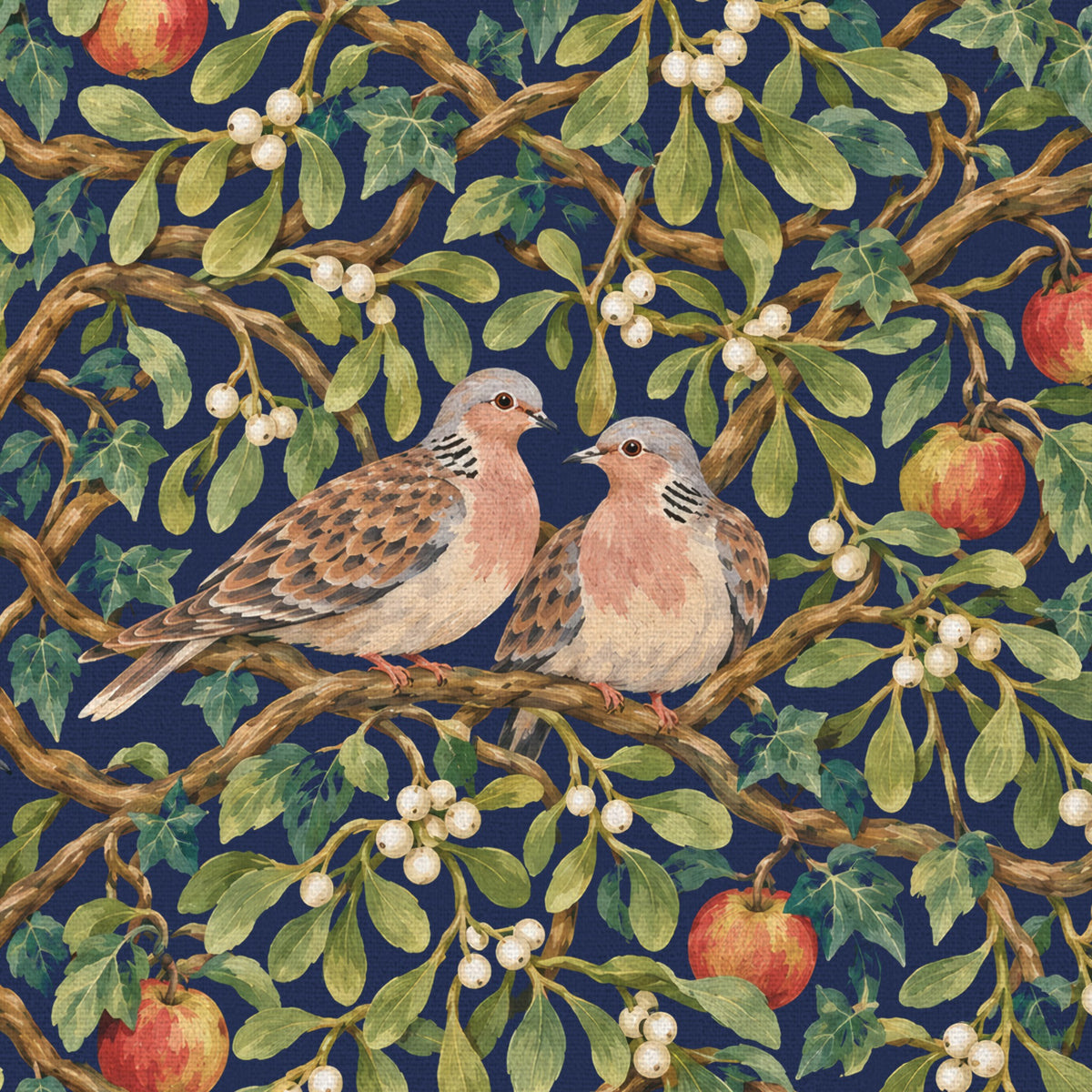 Close-up of the navy Turtle Doves and Mistletoe Christmas tablecloth print on cotton