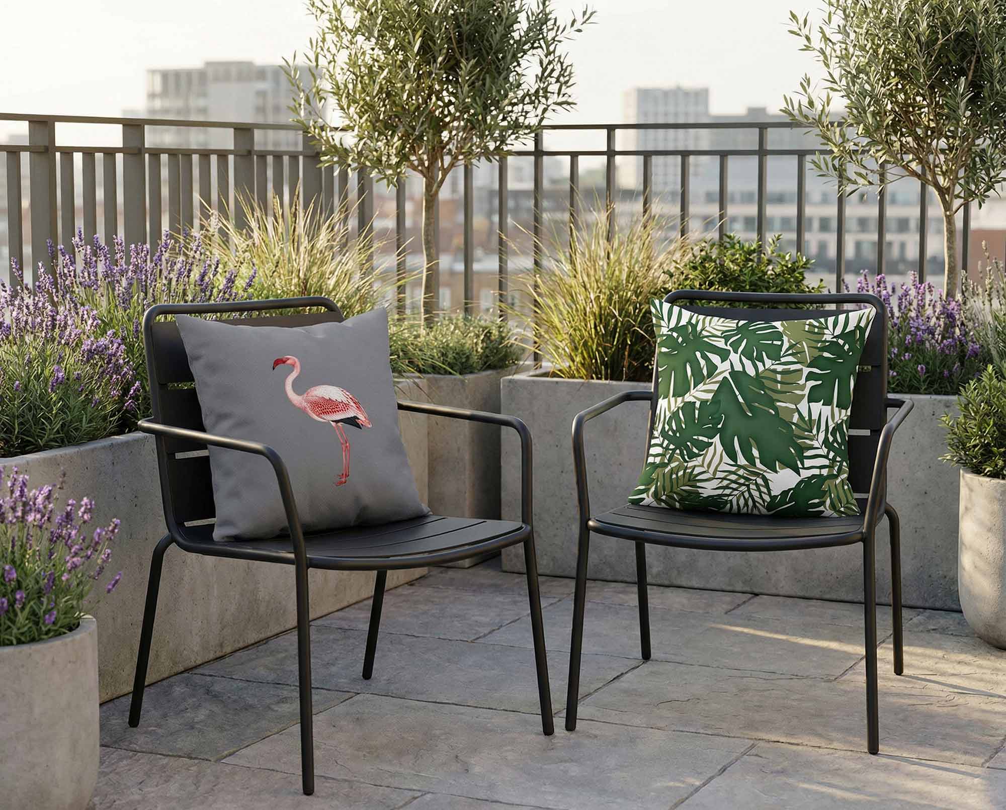 Waterproof outdoor cushions styled on metal garden chairs on a modern balcony