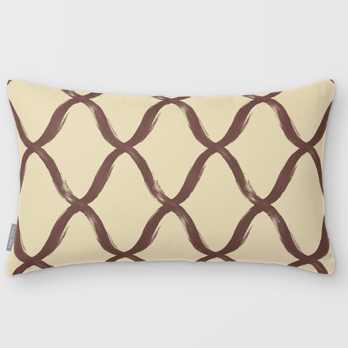Palace Trellis Cocoa & Teal linen-look 50 × 30 cm rectangular cushion, plain sewn edge, front view.
