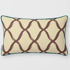 Palace Trellis Cocoa & Teal linen-look 50 × 30 cm rectangular cushion, piped, front view.