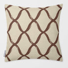 Palace Trellis Cocoa & Teal linen-look square cushion, plain sewn edge, front view.